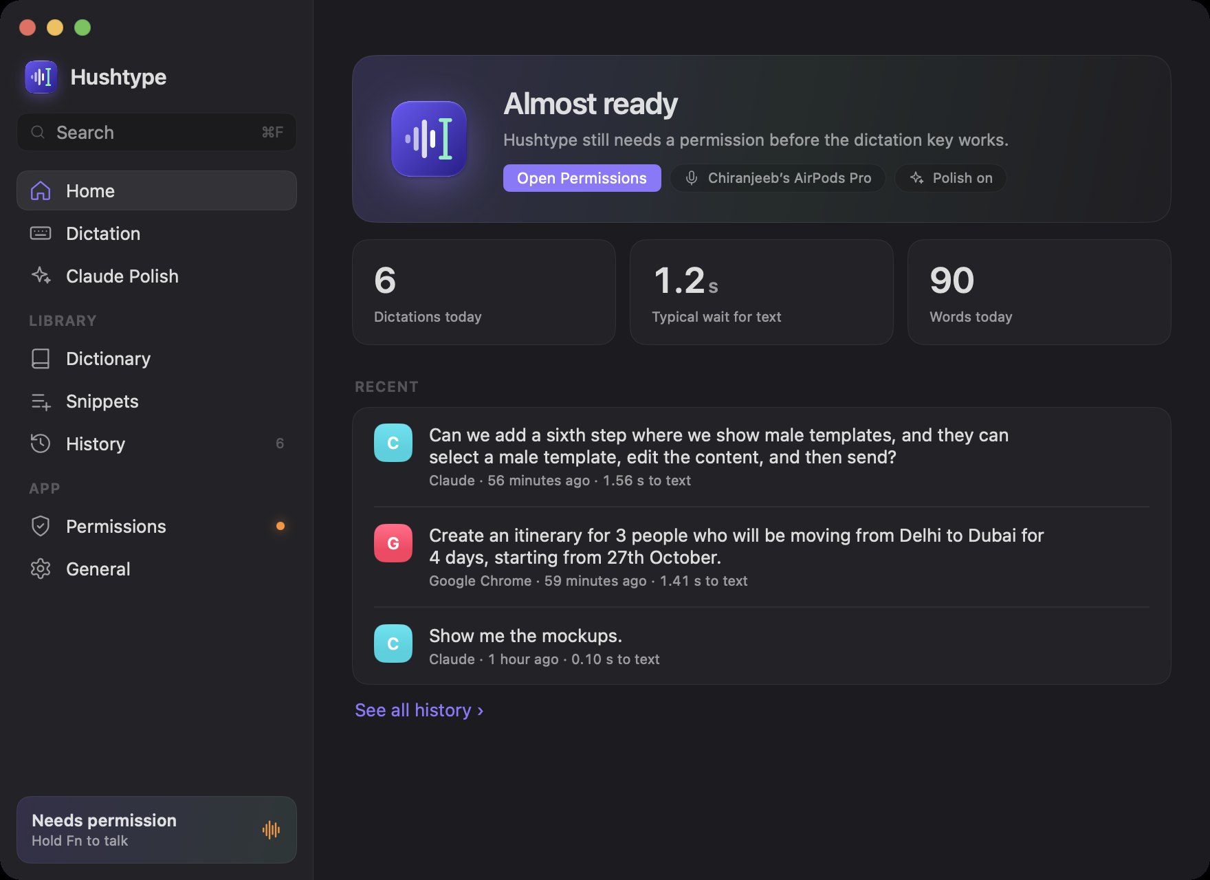 Hushtype Settings home with today's stats and recent dictations